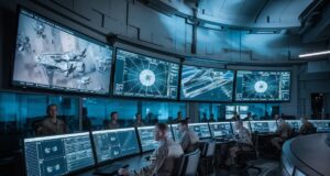 Centre de commandement militaire moderne avec écrans numériques.
