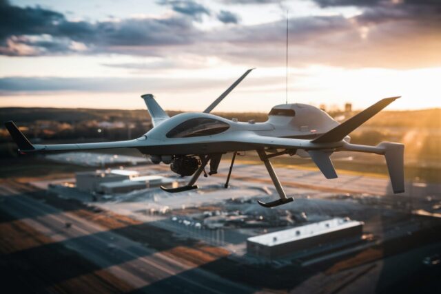 Drone survolant une base militaire française au coucher du soleil.