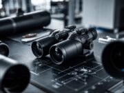 Exosens décroche un contrat record pour équiper la Bundeswehr en vision nocturne avancée Prototype de jumelles de vision nocturne haute technologie sur une table d'atelier.
