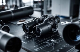 Exosens décroche un contrat record pour équiper la Bundeswehr en vision nocturne avancée Prototype de jumelles de vision nocturne haute technologie sur une table d'atelier.