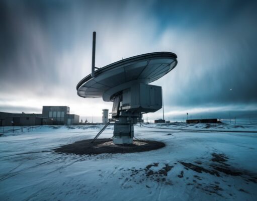 Station radar moderne dans l'Arctique avec antenne visible