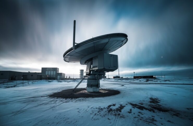 Station radar moderne dans l'Arctique avec antenne visible