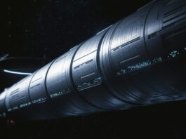 Illustration réaliste du vaisseau Chrysalis dans l’espace profond