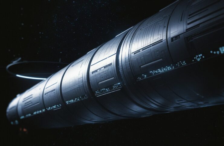 Illustration réaliste du vaisseau Chrysalis dans l’espace profond